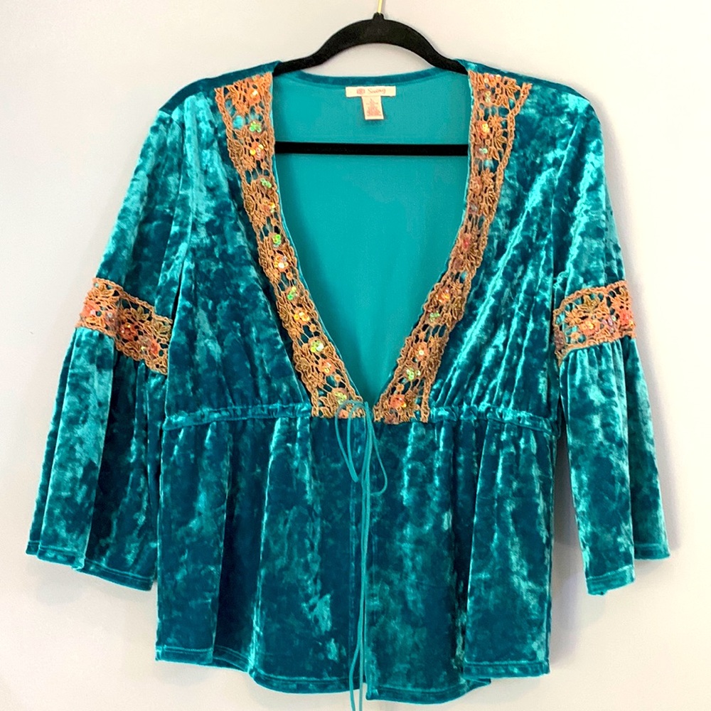 Teal Green Velvet Top Cardigan Sweater Cover Up Like New Size Large Sequ…